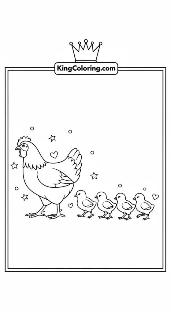 Chicken coloring pages illustrating a hen guiding chicks forward in a line