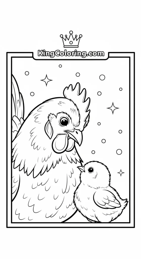 Chicken coloring pages illustrating a mother hen gently watching over one chick