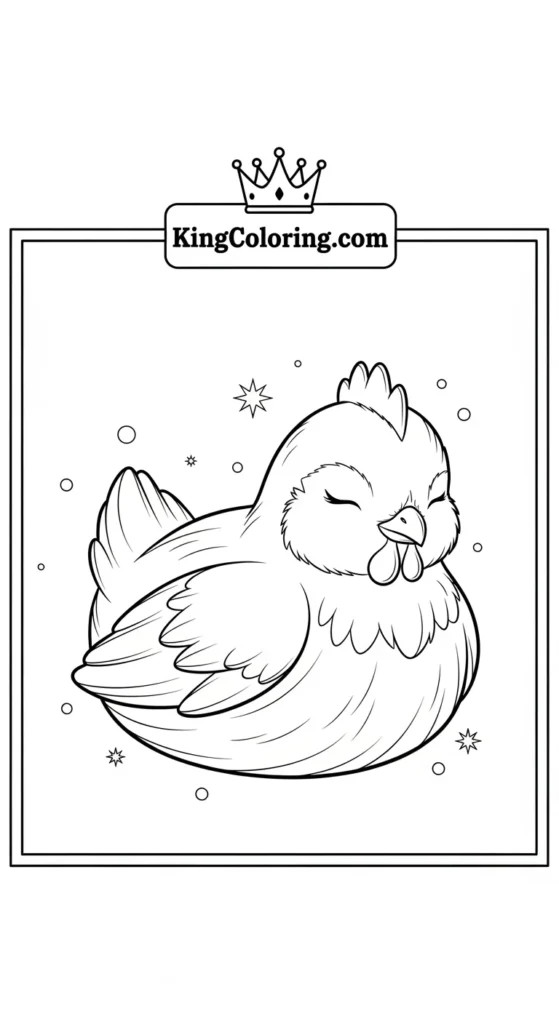 Chicken coloring pages showing a small chicken resting with wings tucked in