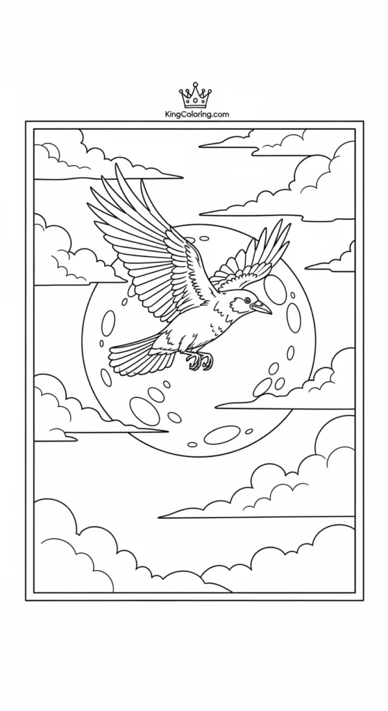 Crow Flying Across Full Moon Coloring Page