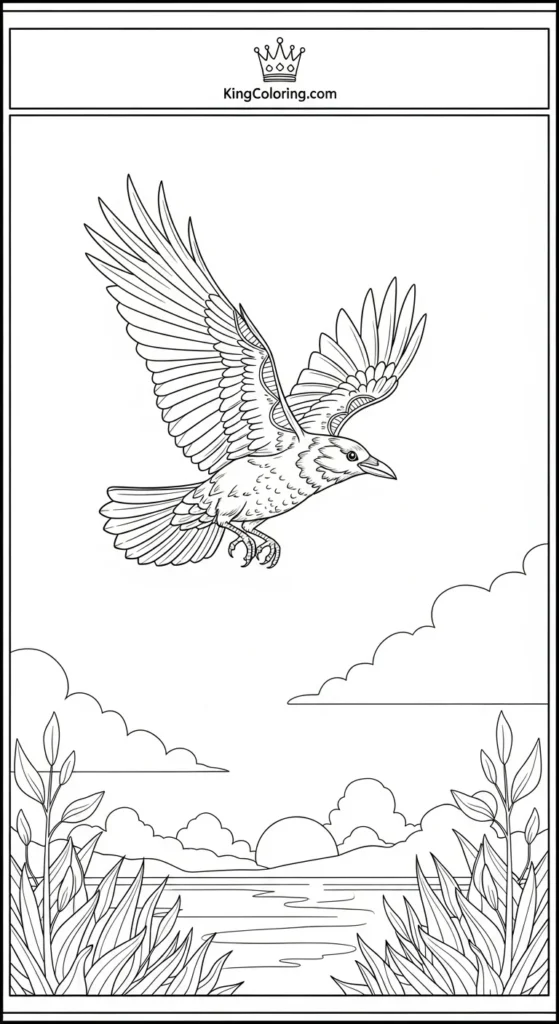 Crow Flying At Sunset Printable Coloring Page