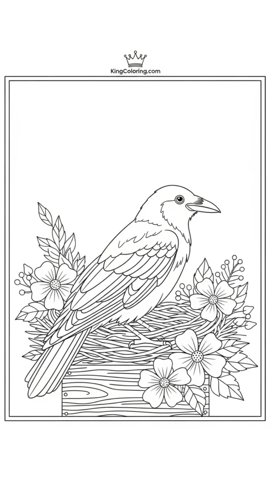 Crow Sitting On A Nesting Box Surrounded By Flowers Coloring Page For Kids