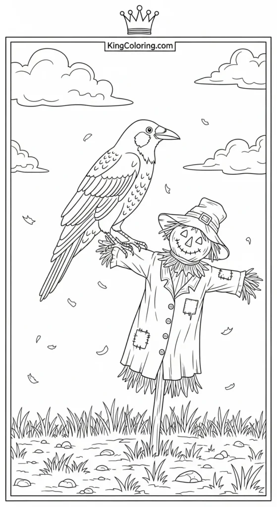 Crow Standing Near Old Scarecrow Coloring Page