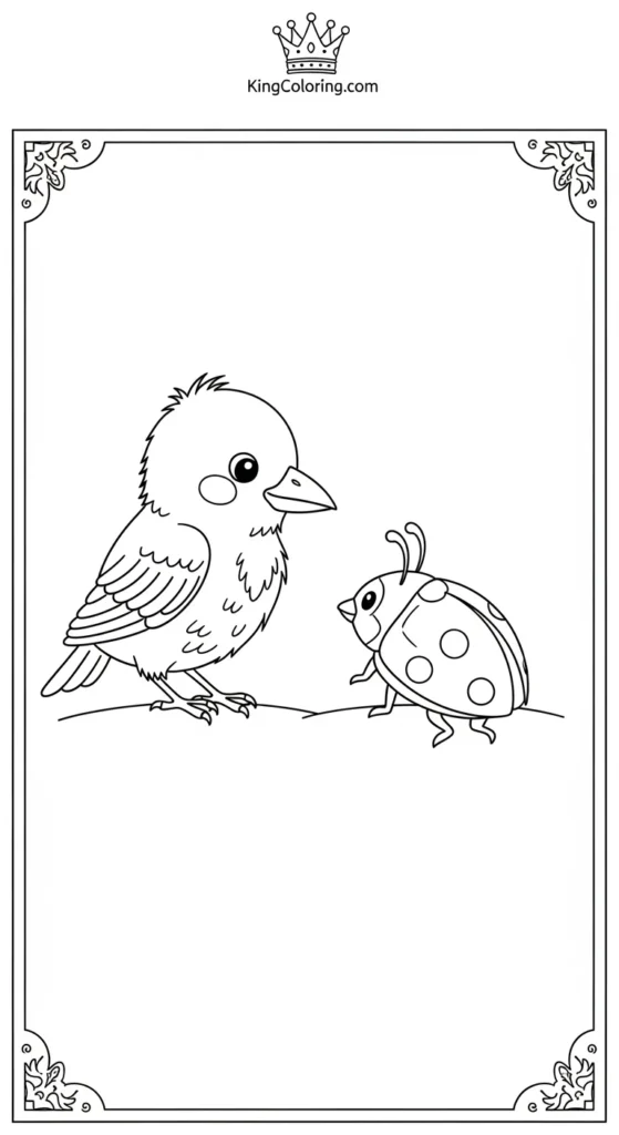 Cute Baby Crow Watching Ladybug Coloring Sheet
