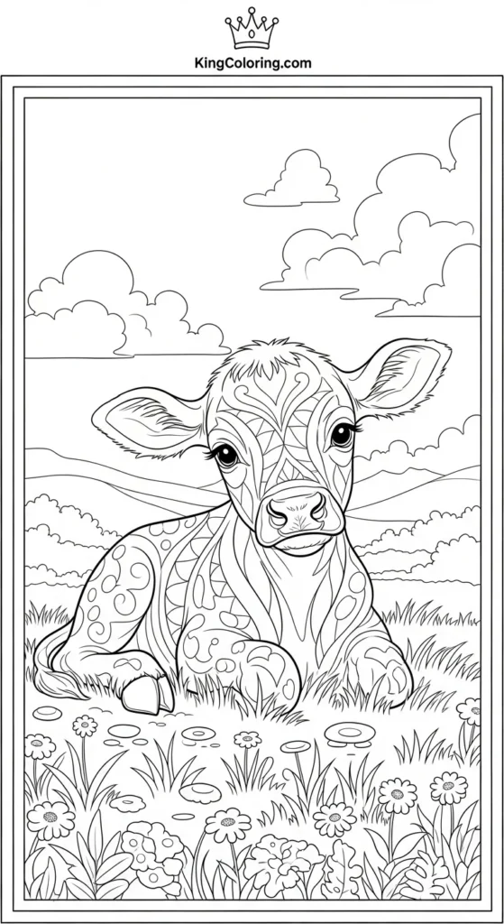 Cute Calf Sitting In Meadow