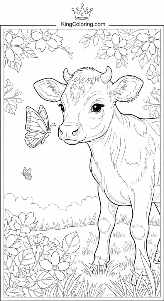 Cute Calf Watching Butterfly,