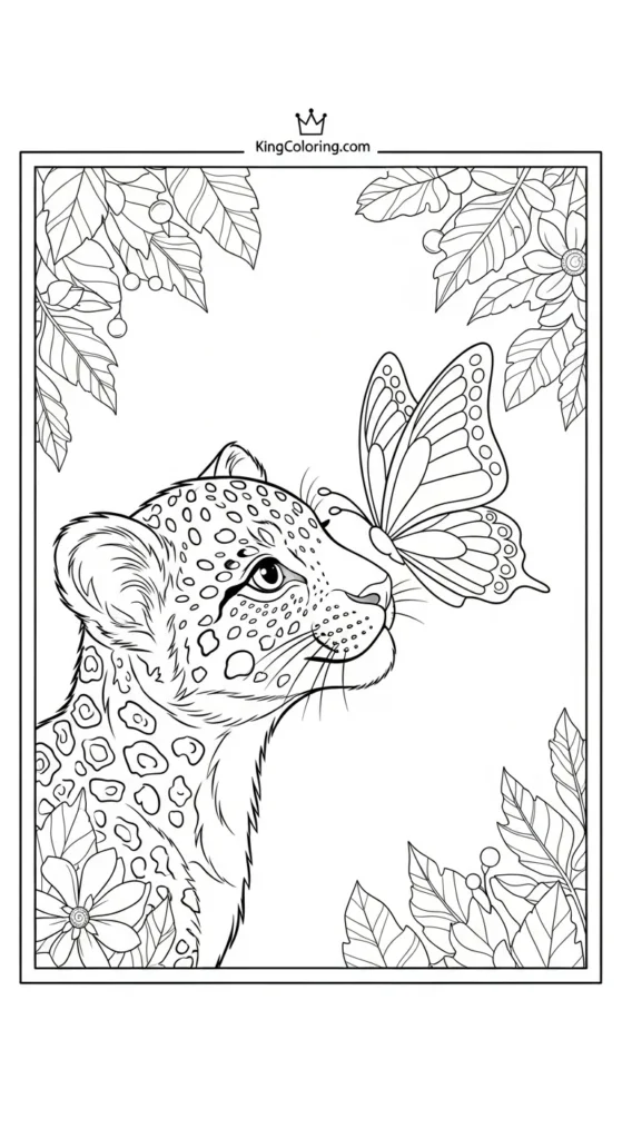 Cute Jaguar Cub Observing Butterfly Coloring Sheet