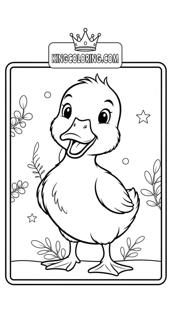 Duck and duckling coloring pages depicting a baby duckling standing proudly