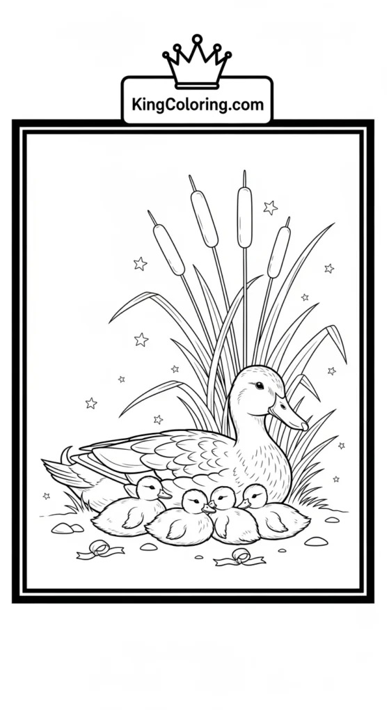 Duck and duckling coloring pages depicting a duck family resting together