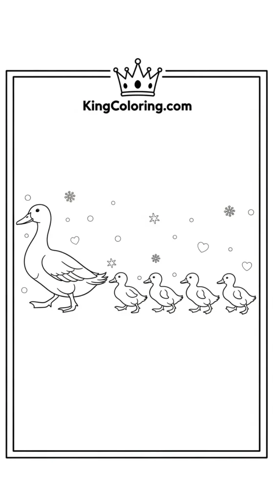 Duck and duckling coloring pages depicting a duck family walking in a straight line