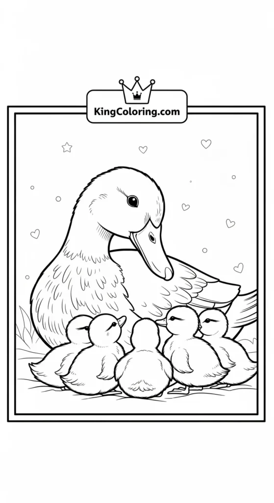 Duck and duckling coloring pages depicting a mother duck watching over several ducklings