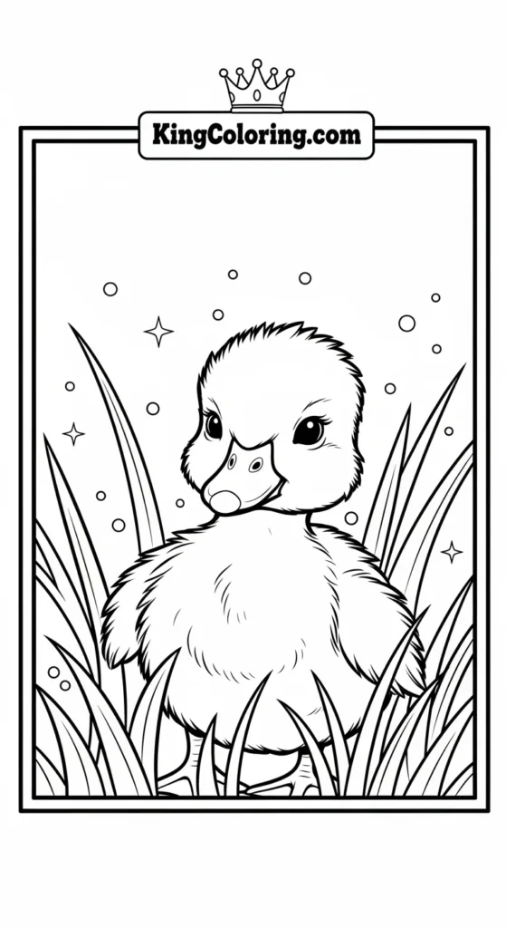 Duck and duckling coloring pages featuring a baby duckling peeking out from behind tall grass