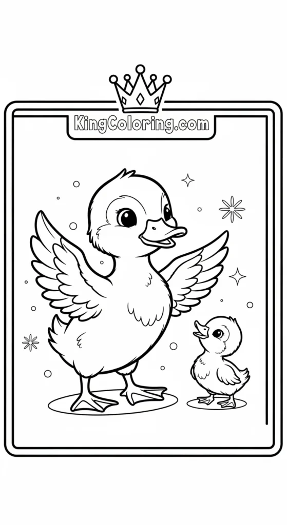 Duck and duckling coloring pages featuring a small duck flapping