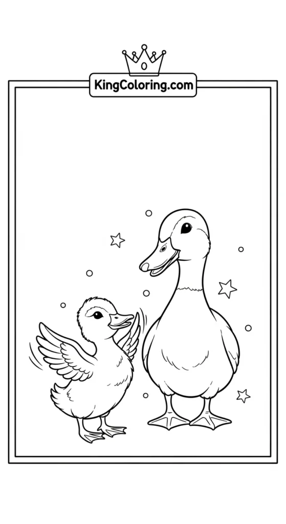 Duck and duckling coloring pages featuring a small duck flapping wings lightly