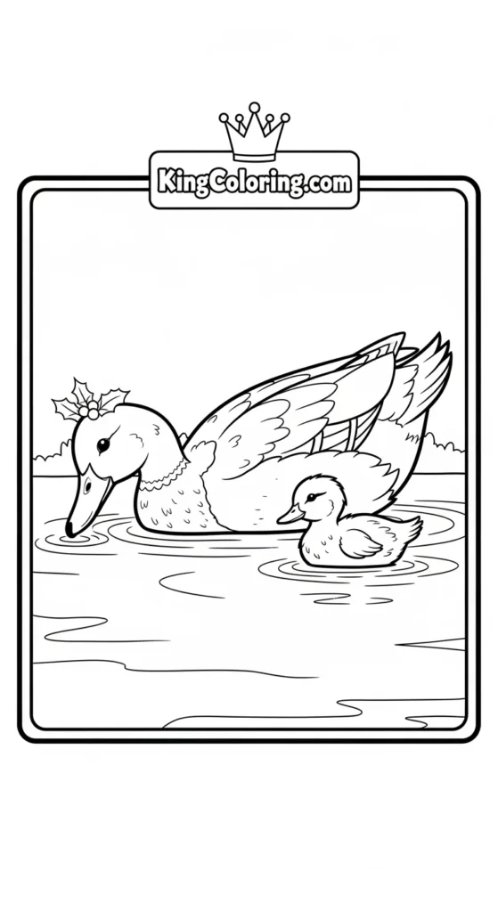 Duck and duckling coloring pages illustrating a duck gently dipping its beak into water
