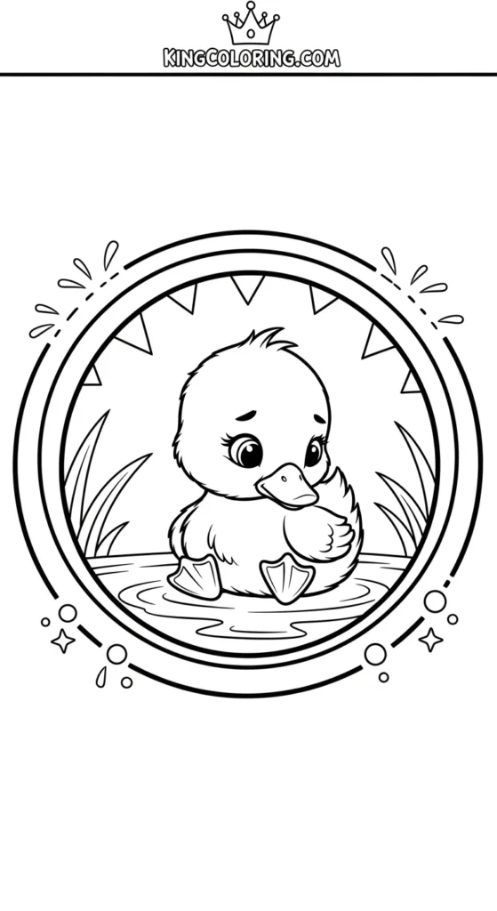 Duck and duckling coloring pages illustrating a duckling sitting inside a circular pond frame