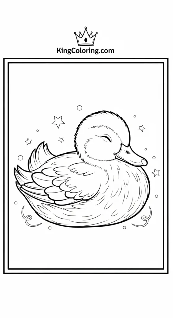 Duck and duckling coloring pages showing a small duck resting with wings tucked in