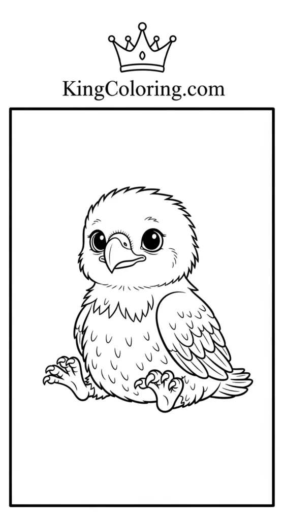 Eagle coloring pages depicting a baby eagle sitting calmly, rounded soft features