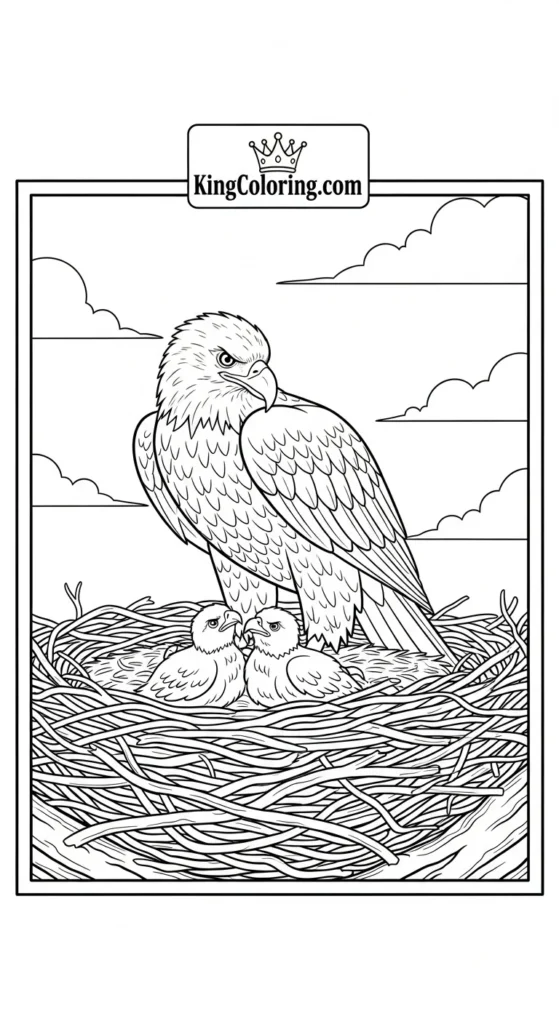 Eagle coloring pages depicting an eagle family in a nest