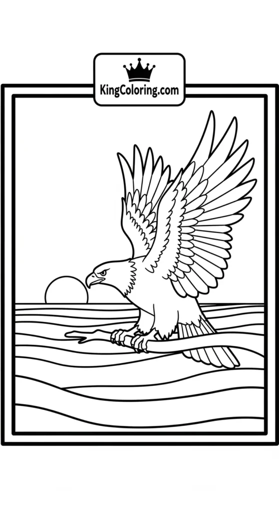 Eagle coloring pages depicting an eagle perched at sunset-style horizon lines