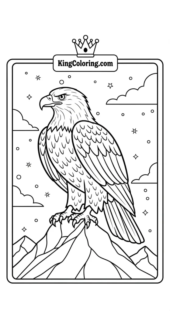 Eagle coloring pages featuring an eagle perched on a mountain peak