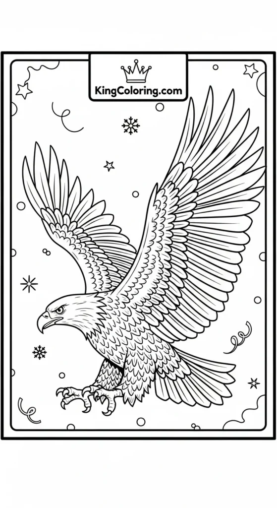 Eagle coloring pages illustrating an eagle flying with wings fully spread