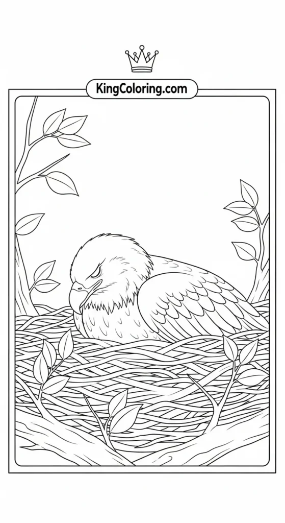 Eagle coloring pages illustrating an eagle resting peacefully in a nest