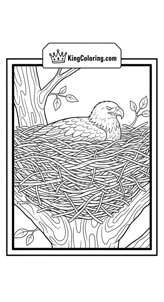Eagle coloring pages illustrating an eagle resting peacefully in a nest, calm scene
