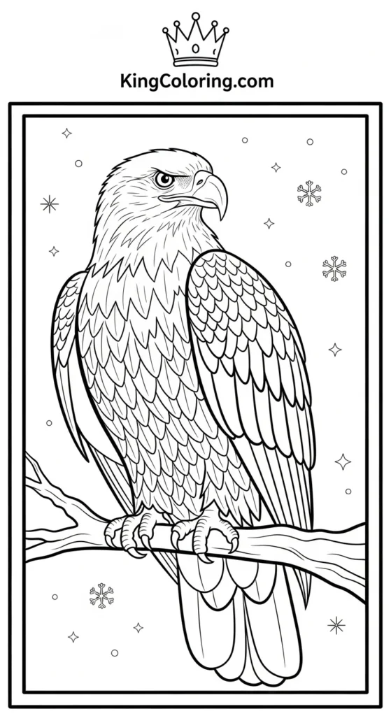 Eagle coloring pages showing a majestic eagle perched on a branch