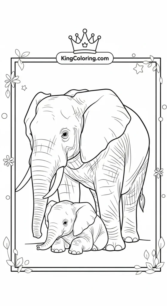 Elephant coloring pages depicting a parent elephant watching over a baby