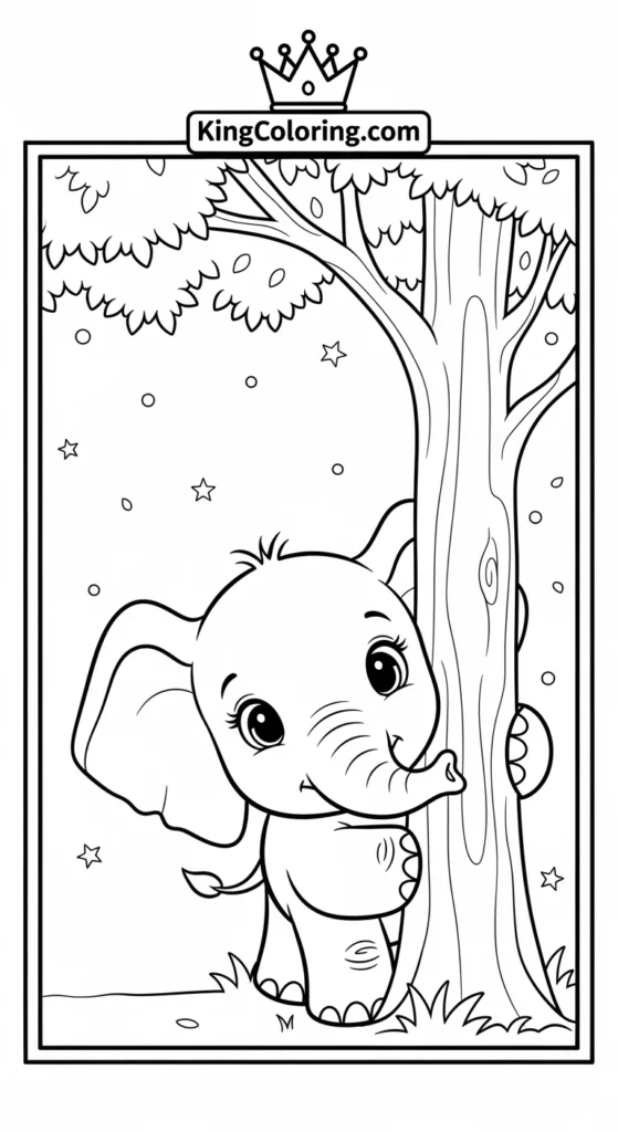 Elephant coloring pages featuring a tiny elephant peeking from a tree