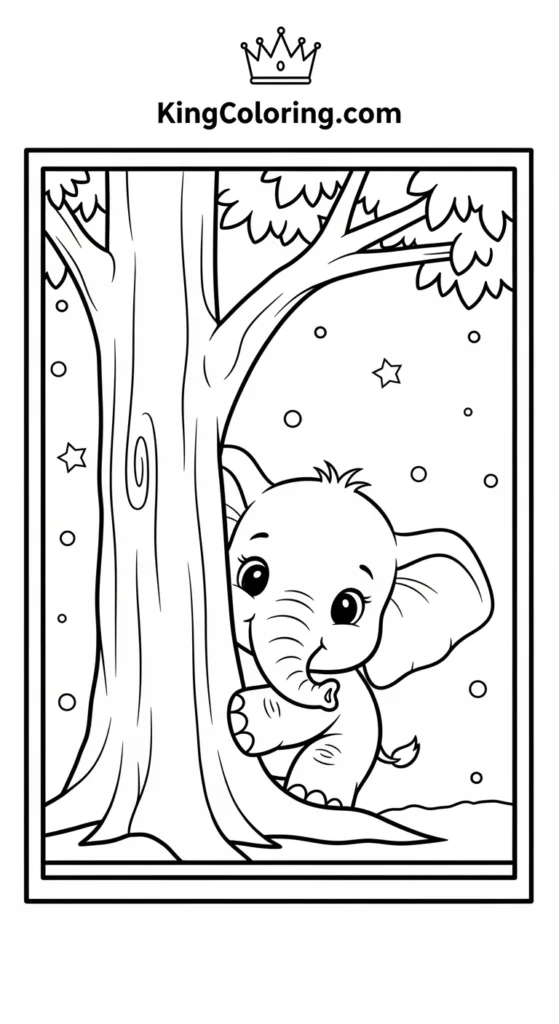 Elephant coloring pages featuring a tiny elephant peeking from behind a tree