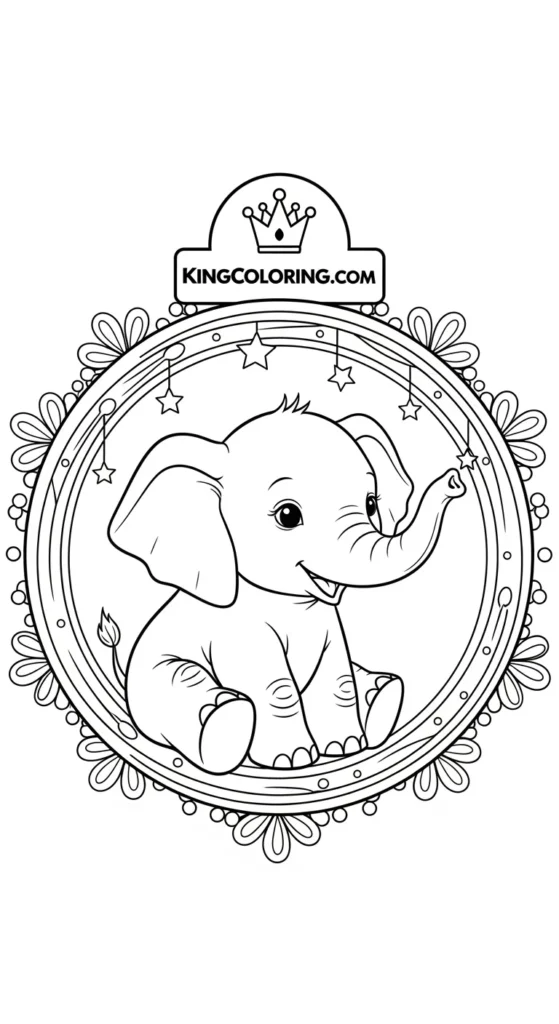 Elephant coloring pages illustrating a baby elephant sitting inside a circular decorative frame