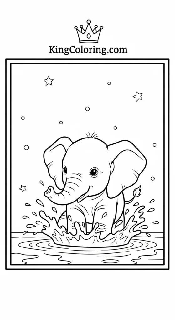 Elephant coloring pages showing a tiny elephant splashing in shallow water