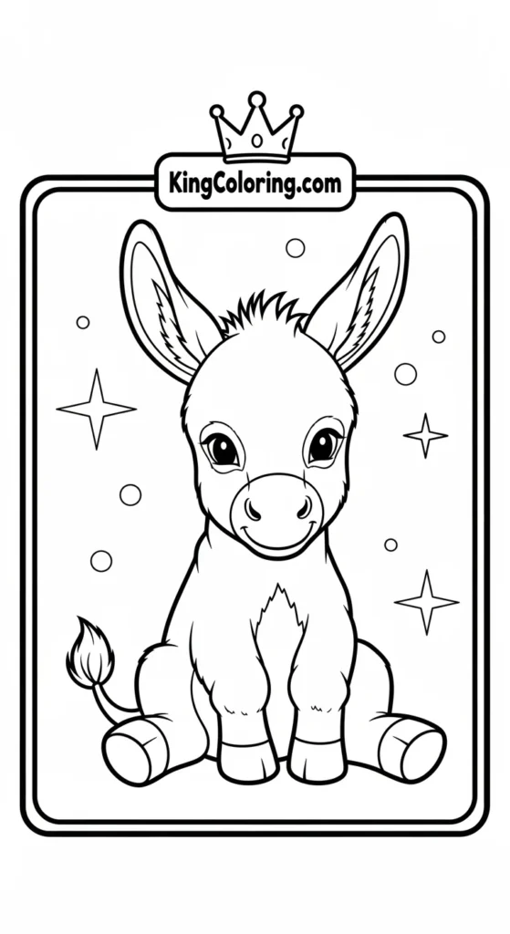 Farm animal coloring pages depicting a baby donkey sitting with legs folded