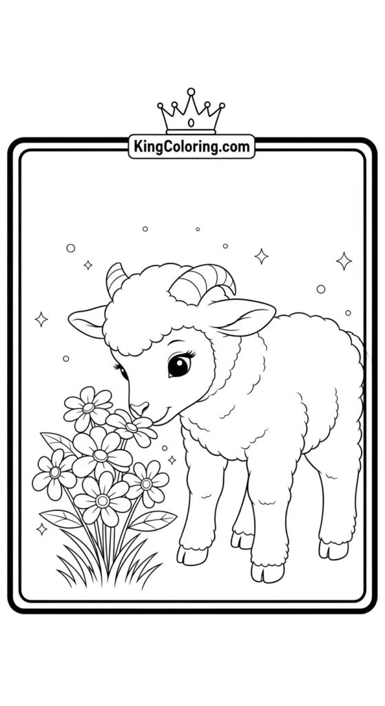 Farm animal coloring pages depicting a baby lamb sniffing flowers