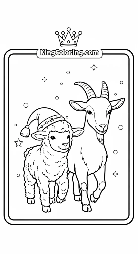 Farm animal coloring pages depicting a lamb and goat walking together