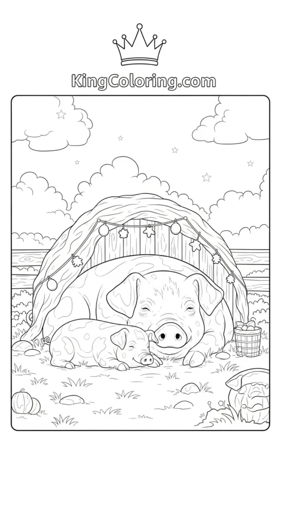 Farm animal coloring pages depicting a pig family resting together in the shade