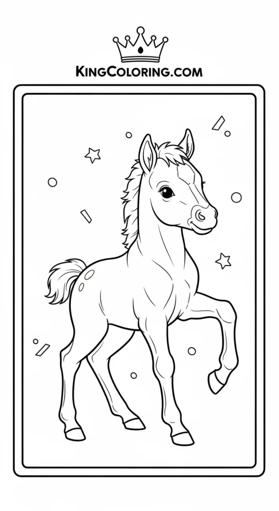 Farm animal coloring pages featuring a baby horse standing proudly