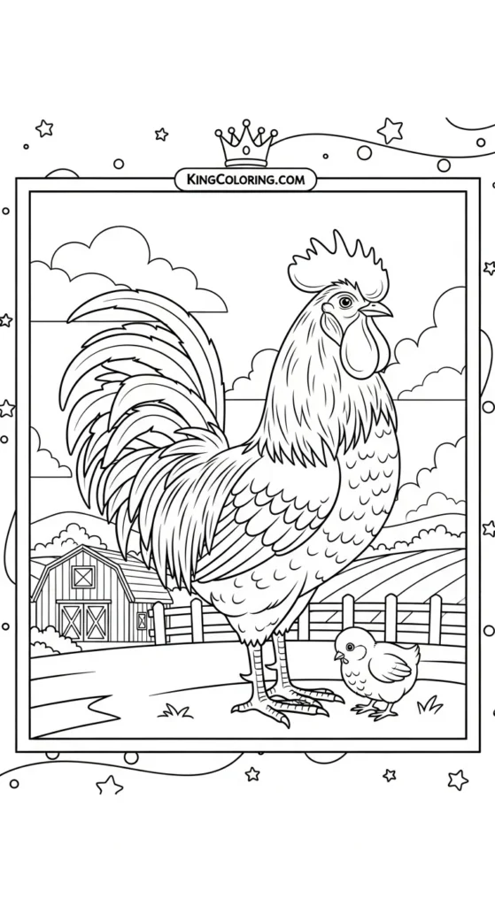 Farm animal coloring pages featuring a rooster standing tall with a chick nearby