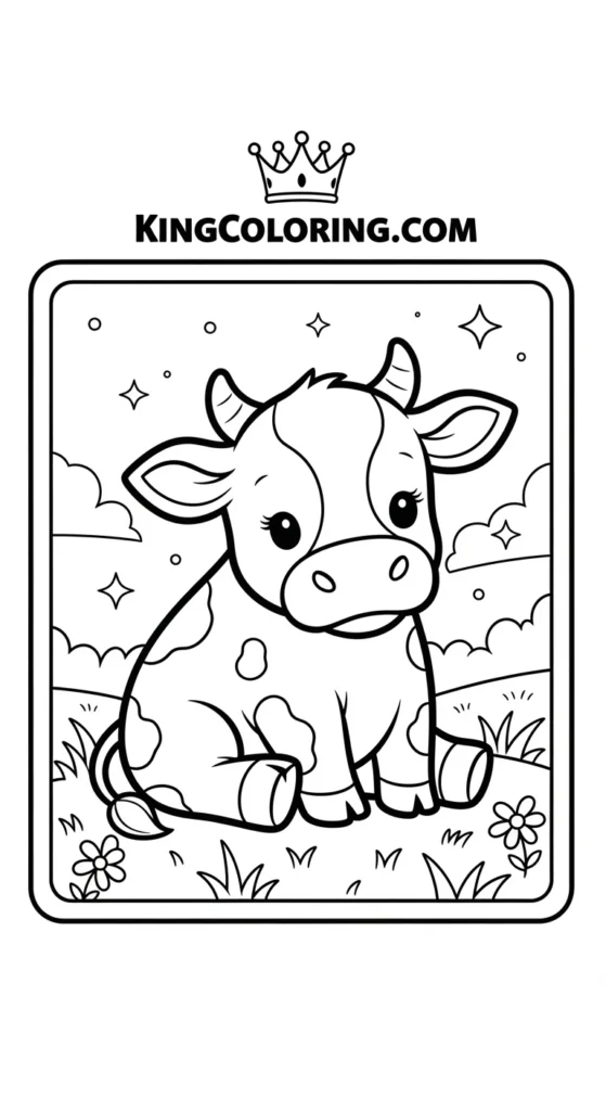 Farm animal coloring pages featuring a small cute cow sitting calmly in a meadow