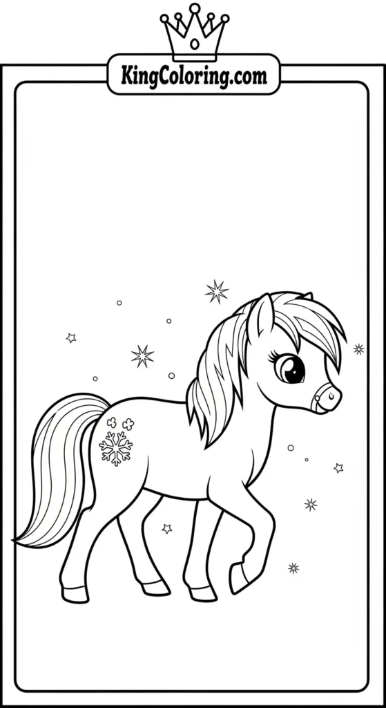 Farm animal coloring pages featuring a small pony walking slowly