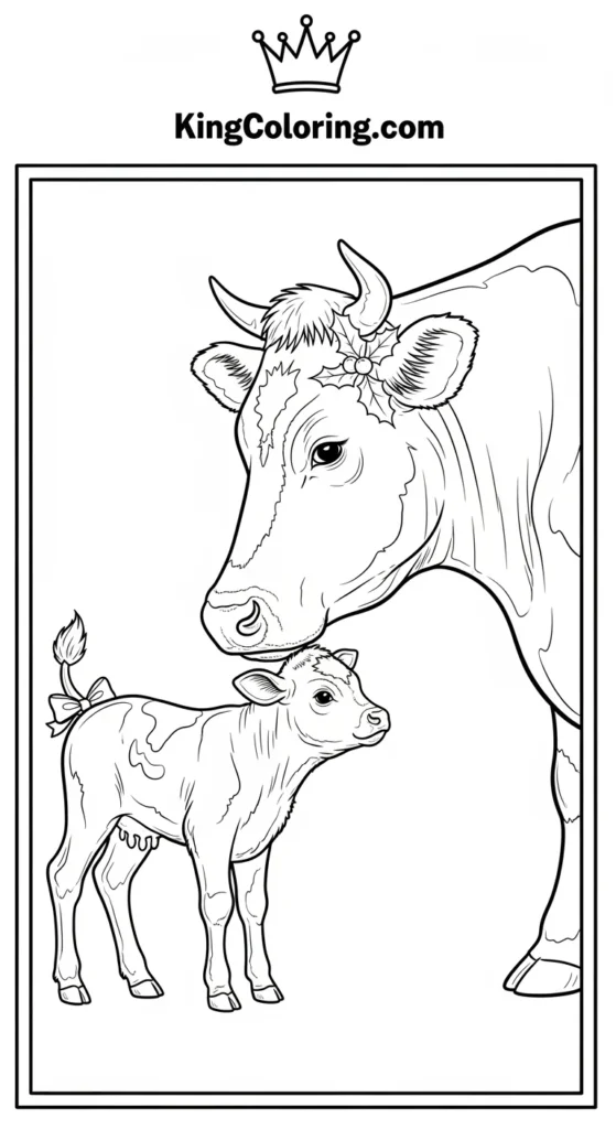 Farm animal coloring pages illustrating a cow gently nudging a baby calf