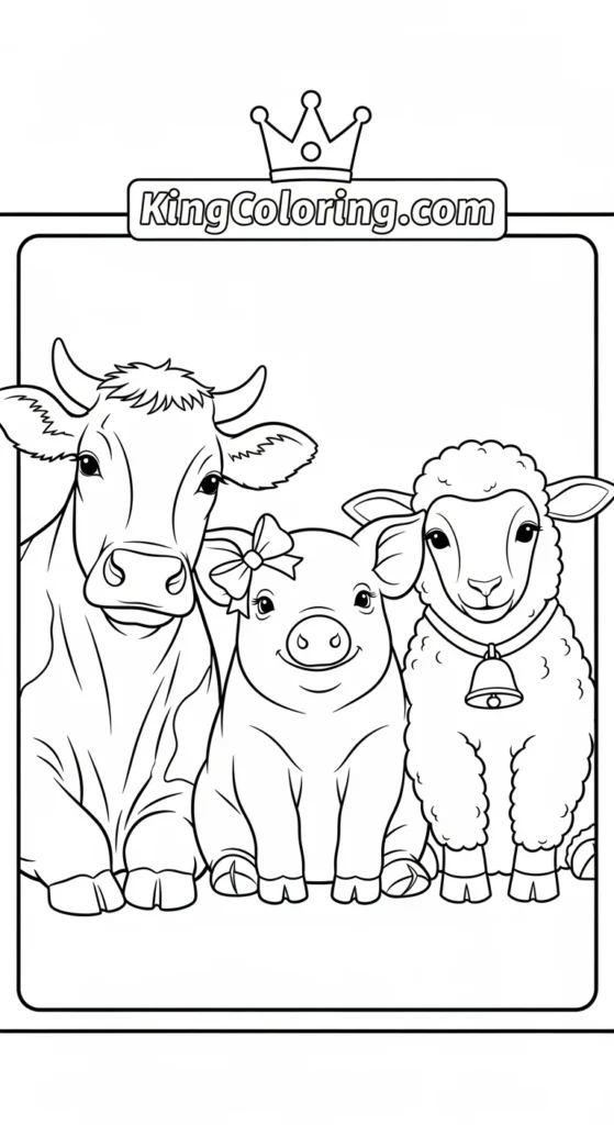 Farm animal coloring pages illustrating a cow, pig, and sheep sitting together