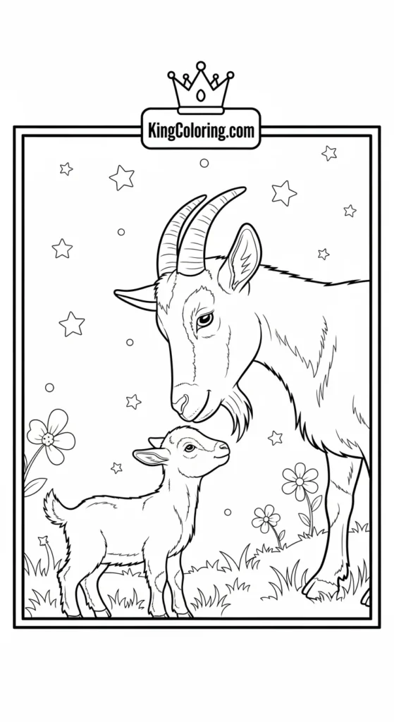 Farm animal coloring pages illustrating a goat parent watching over a baby goat