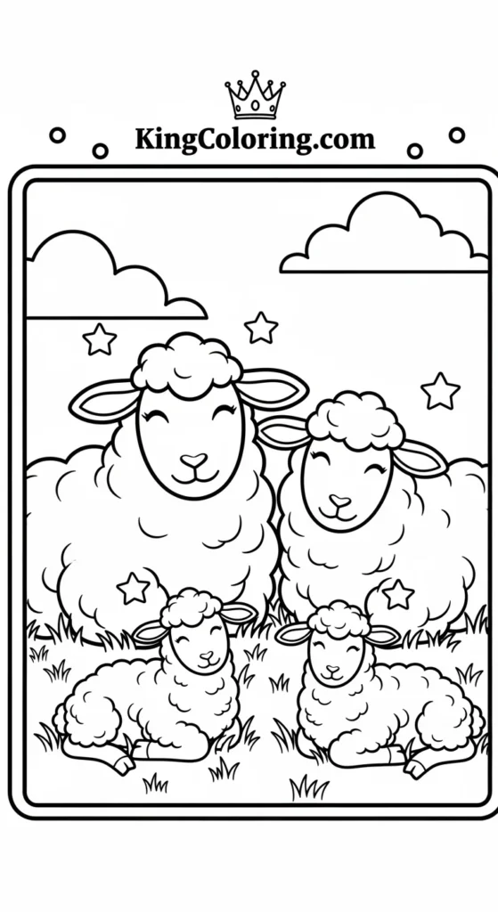 Farm animal coloring pages illustrating a sheep family resting on grass