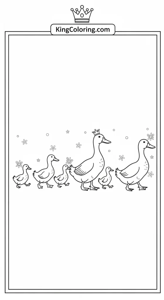 Farm animal coloring pages showing a duck family walking in a line