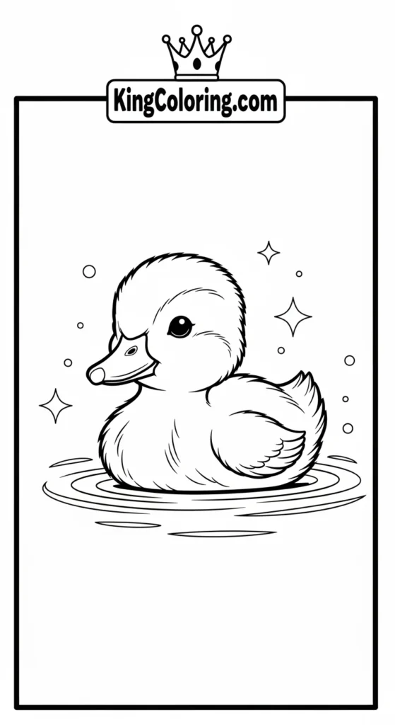 Farm animal coloring pages showing a small duckling swimming calmly