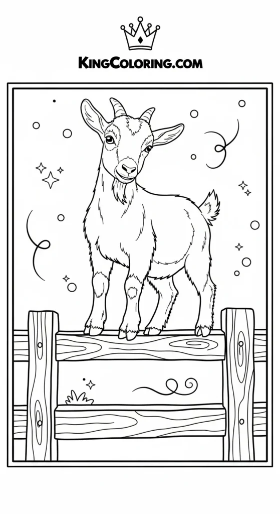 Farm animal coloring pages showing a small goat standing on a fence rail