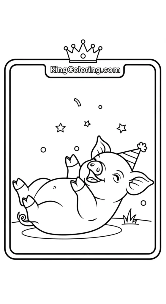 Farm animal coloring pages showing a tiny piglet rolling playfully on the ground